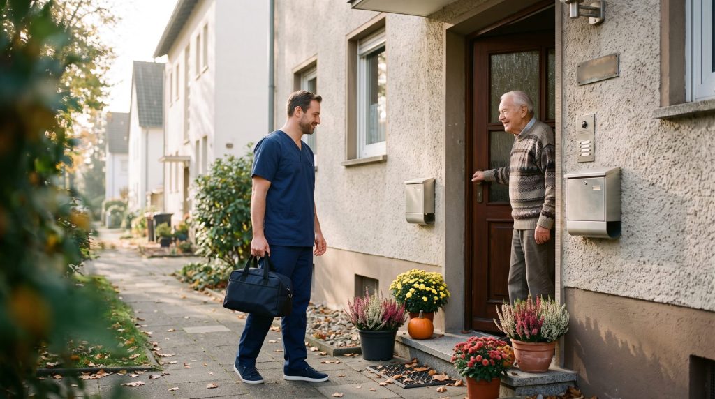 Pflegekraft wird beim Hausbesuch an der Haustür von einem Senior begrüßt – ambulante Pflege