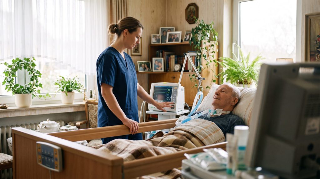 Pflegefachkraft kontrolliert das Beatmungsgerät eines Patienten zu Hause – außerklinische Intensivpflege