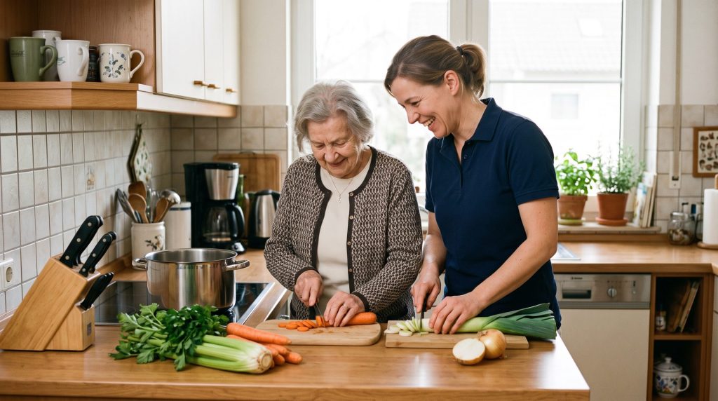 Betreuungskraft kocht gemeinsam mit einer Seniorin in der Küche – Haushaltshilfe und Betreuung