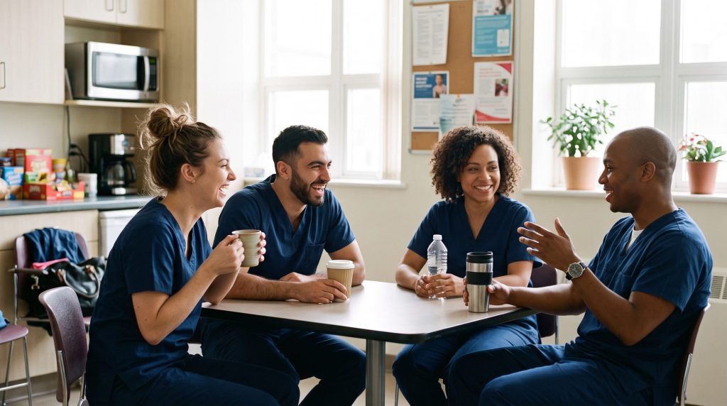 Pflegekräfte lachen gemeinsam in der Kaffeepause – Arbeiten im Pflegeteam