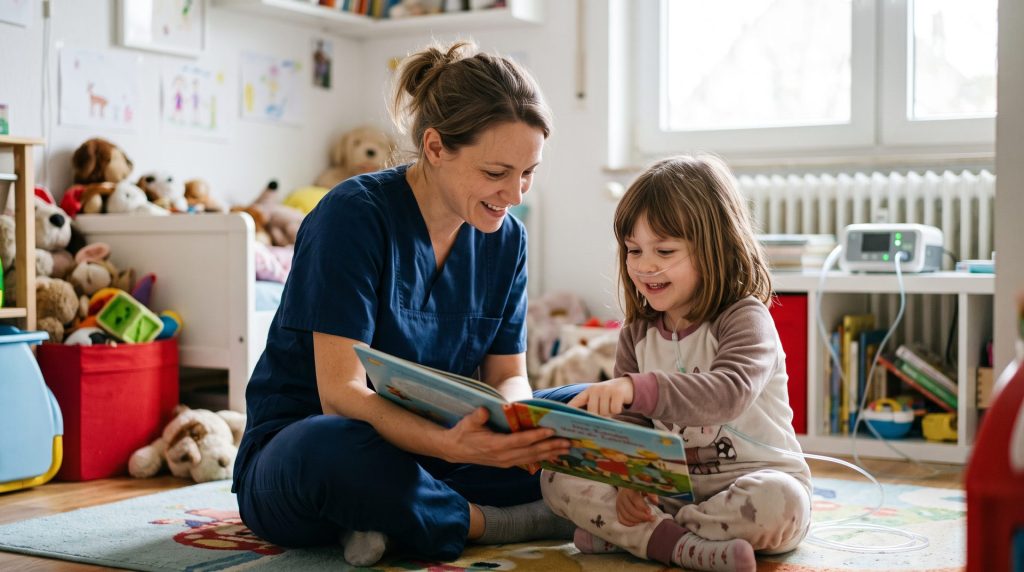 Kinderkrankenpflegerin liest einem Mädchen im Kinderzimmer vor – Kinderintensivpflege zu Hause
