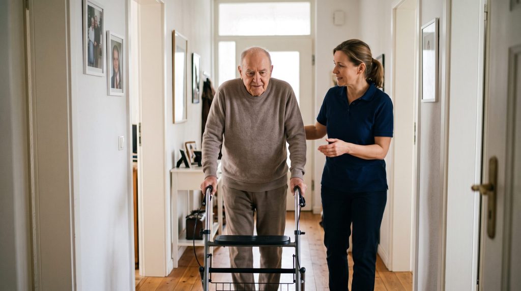 Physiotherapeutin begleitet einen Senior mit Rollator beim Gehtraining in seiner Wohnung