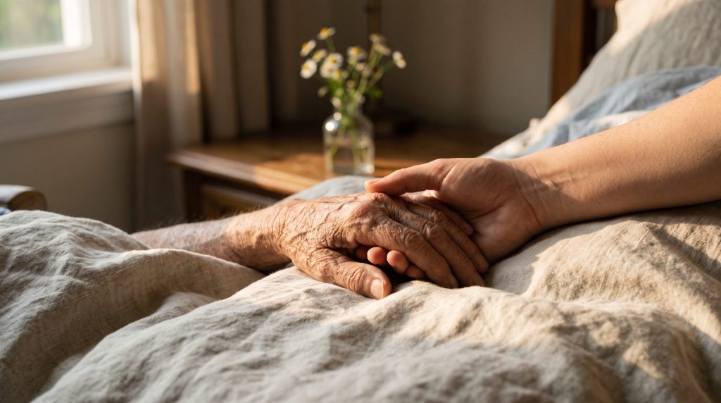 Hand hält behutsam die Hand eines älteren Menschen – Sterbebegleitung und palliative Pflege